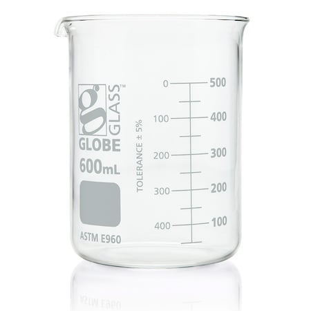 Globe Scientific Beaker, Globe Glass, 600mL, Low Form Griffin Style, Dual Graduations, ASTM E960, 6/Box, 6PK 8010600